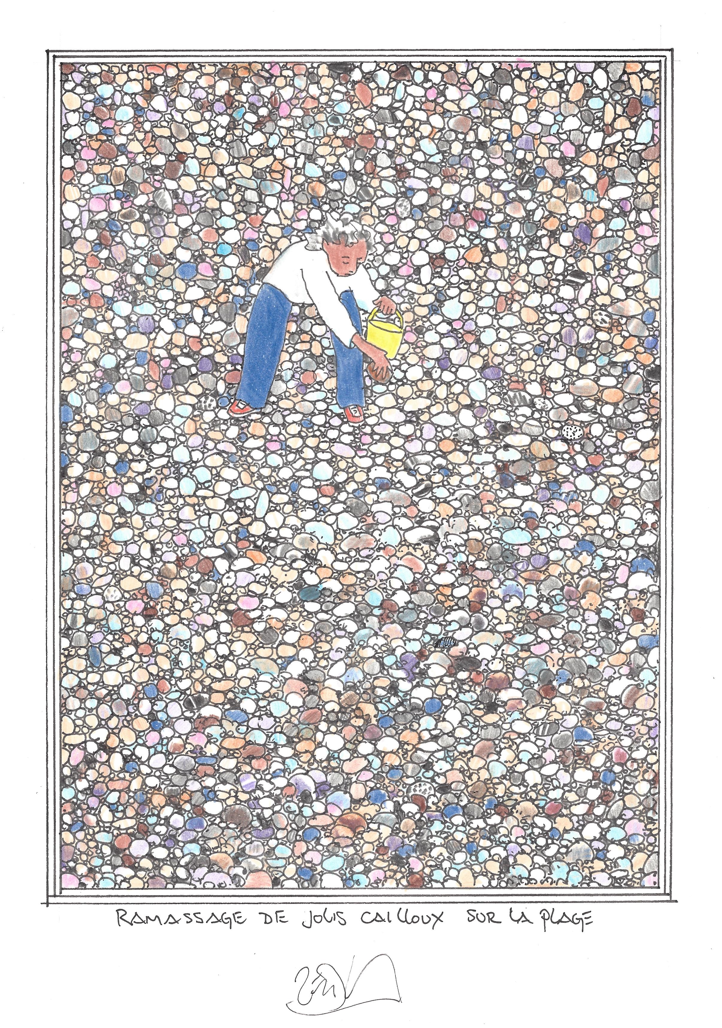 « Gathering pretty rocks at the beach – Ramassage de jolis cailloux sur la plage »